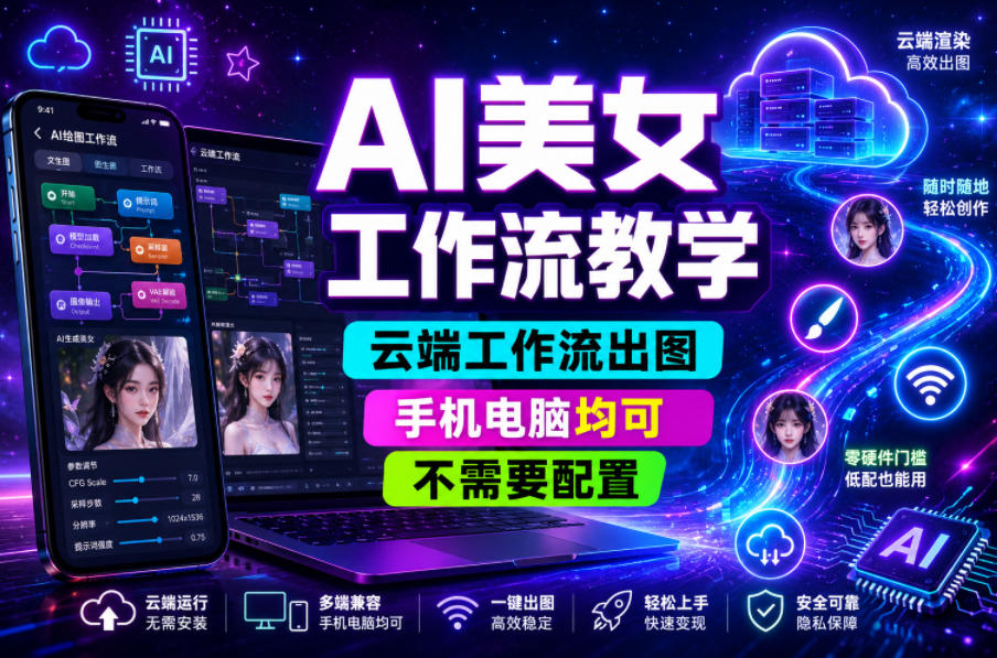 AI美女工作流教学，云端工作流出图，手机电脑均可，不需要配置，快速起号涨粉-禾谷轻创网