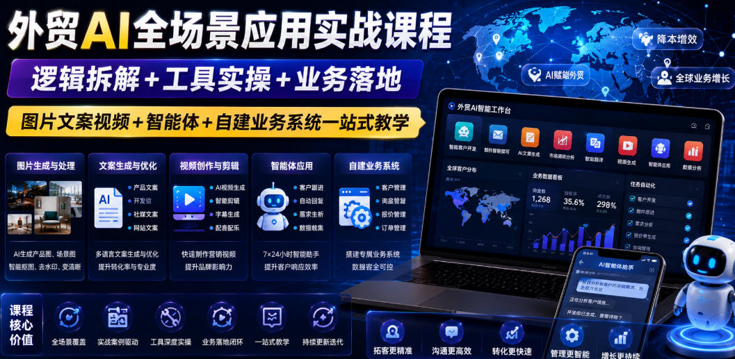 外贸AI全场景应用实战课程｜逻辑拆解+工具实操+业务落地，图片文案视频+智能体+自建业务系统一站式教学-禾谷轻创网