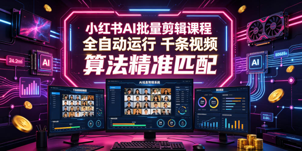 小红书AI批量剪辑课程，24小时全自动运行，解放双手专注运营，千条视频批量处理，小红书算法精准匹配-禾谷轻创网