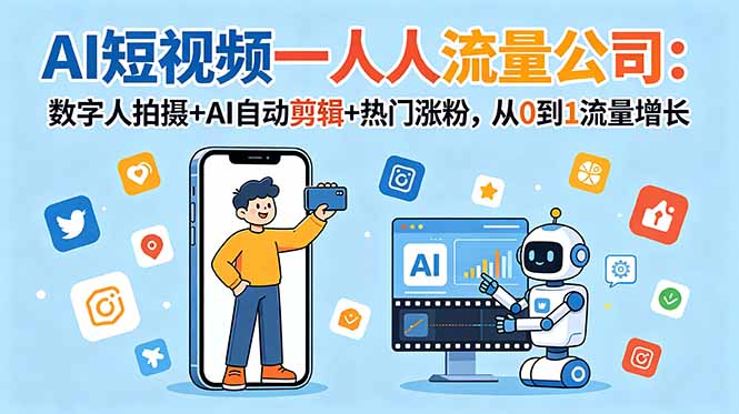 AI短视频一人流量公司：数字人拍摄+AI自动剪辑+热门涨粉，从0到1流量增长-禾谷轻创网