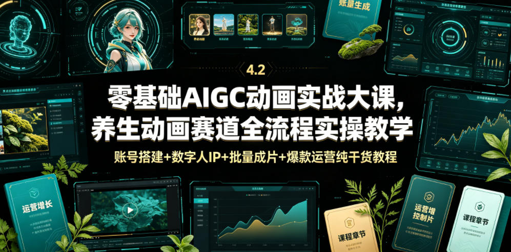 零基础AIGC动画实战大课，养生动画赛道全流程实操教学，账号搭建+数字人IP+批量成片+爆款运营纯干货教程-禾谷轻创网