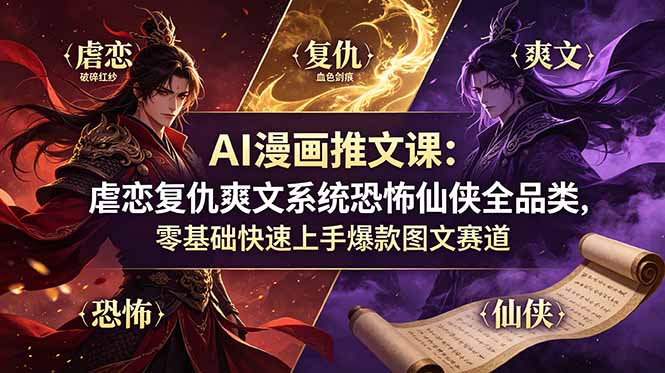 AI漫画推文课：虐恋复仇爽文系统恐怖仙侠全品类，零基础快速上手爆款图文赛道-禾谷轻创网