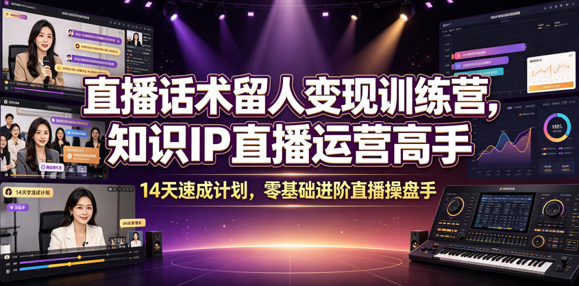 直播话术留人变现训练营，知识IP直播运营高手，14天速成计划，零基础进阶直播操盘手-禾谷轻创网