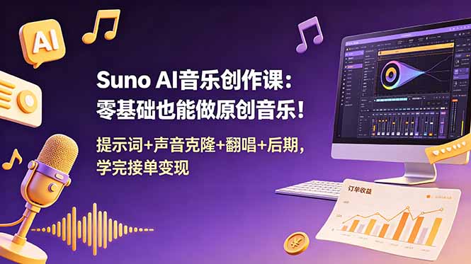 Suno AI音乐创作课：零基础也能做原创音乐！提示词+声音克隆+翻唱+后期，学完接单变现-禾谷轻创网