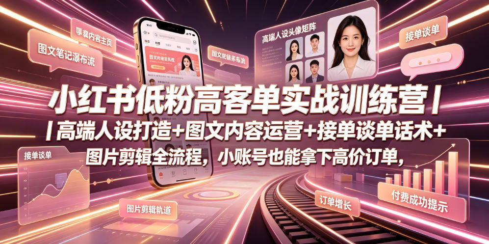 小红书低粉高客单实战训练营｜高端人设打造+图文内容运营+接单谈单话术+图片剪辑全流程，小账号也能拿下高价订单-禾谷轻创网