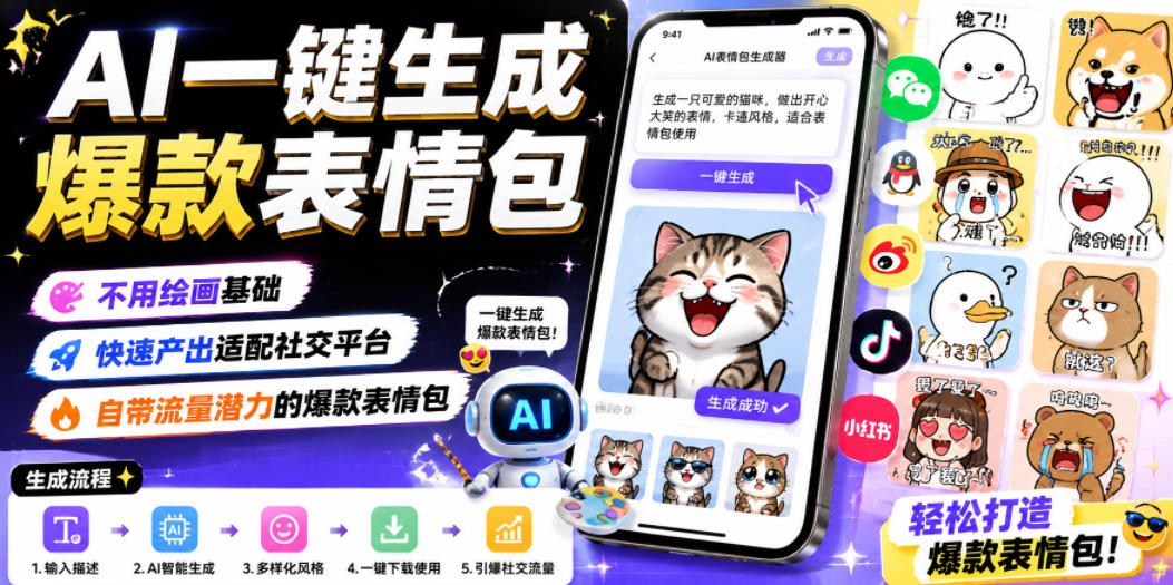 AI一键生成爆款表情包，不用绘画基础，快速产出适配社交平台，自带流量潜力的爆款表情包-禾谷轻创网