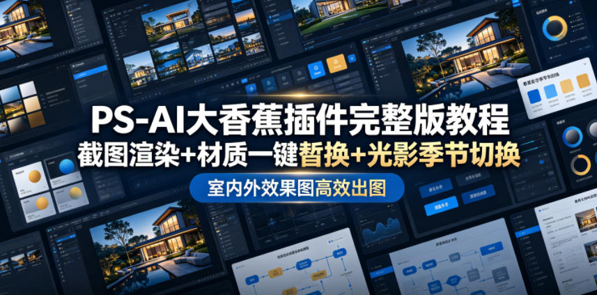 PS-AI大香蕉插件完整版教程，截图渲染+材质一键替换+光影季节切换，室内外效果图高效出图高阶课程-禾谷轻创网