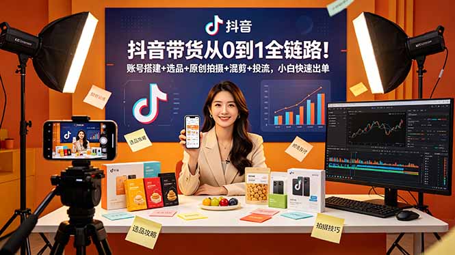 抖音带货从0到1全链路！账号搭建+选品+原创拍摄+混剪+投流，小白快速出单-禾谷轻创网