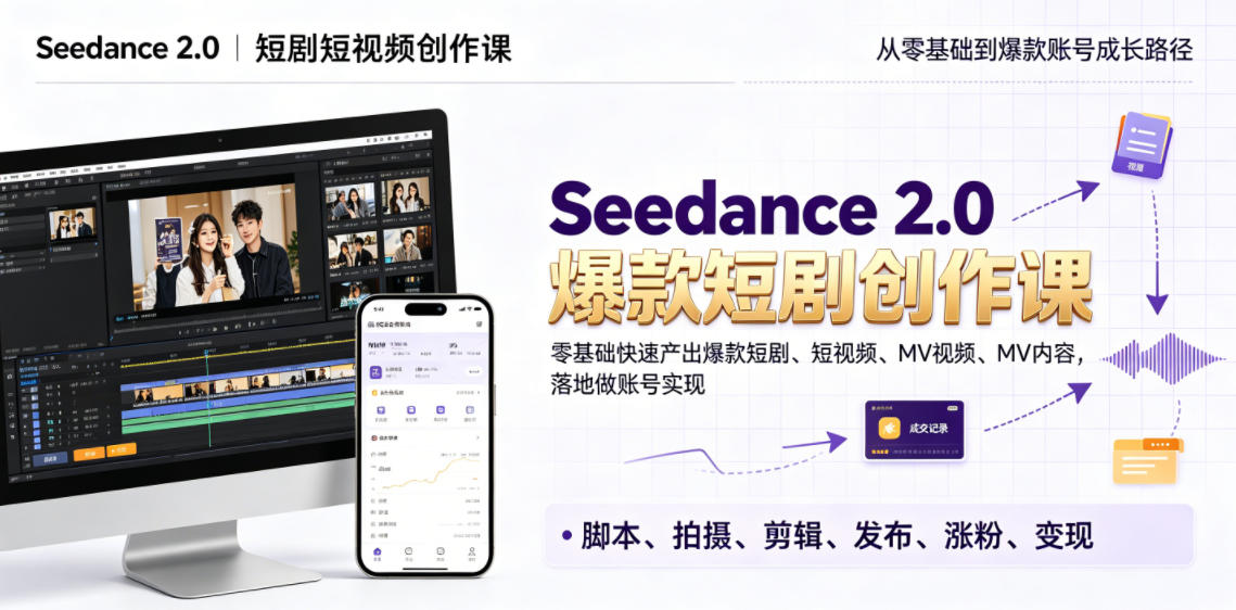 Seedance 2.0短剧短视频创作课，零基础快速产出爆款短剧、短视频、MV内容，落地做账号实现变现-禾谷轻创网