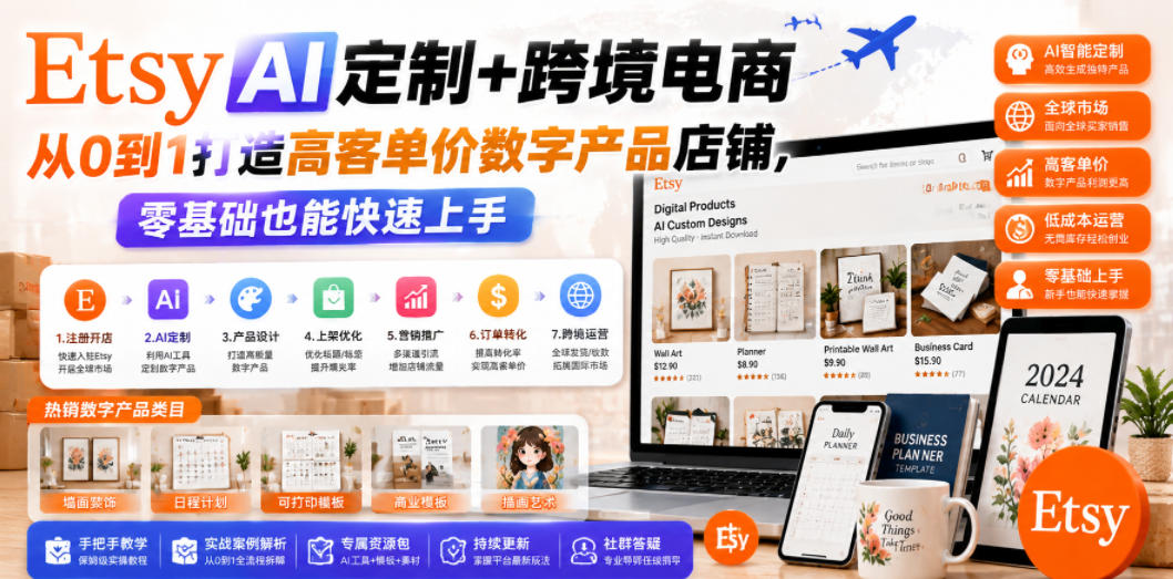 Etsy AI定制+跨境电商，从0到1打造高客单价数字产品店铺，零基础也能快速上手-禾谷轻创网