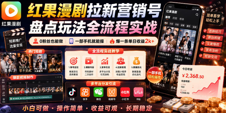 红果漫剧拉新营销号盘点玩法全流程实战，0粉丝也能做，一部手机就能做，爆一条单日收益2k+-禾谷轻创网