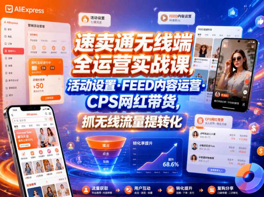 速卖通无线端全运营实战课,活动设置・FEED内容运营・CPS网红带货,抓无线流量提转化-禾谷轻创网