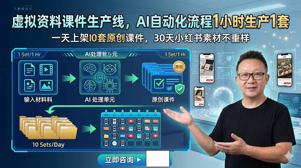 虚拟资料课件生产线，AI自动化流程1小时生产1套，一天上架10套原创课件，30天小红书素材不重样-禾谷轻创网