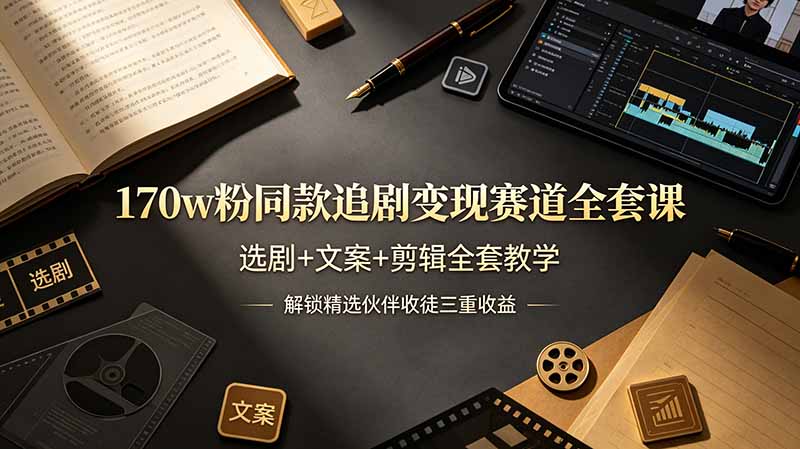 170w粉博主同款追剧变现赛道全套课，选剧+文案+剪辑全套教学，解锁精选伙伴收徒三重收益-禾谷轻创网