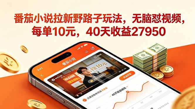 番茄小说拉新野路子玩法，无脑怼视频，每单10元，40天收益27950-禾谷轻创网