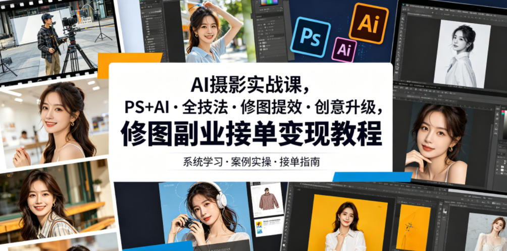 AI摄影实战课,PS+AI・全技法・修图提效・创意升级,修图副业接单变现教程-禾谷轻创网