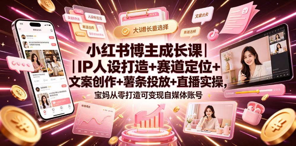 小红书博主成长课｜IP人设打造+赛道定位+文案创作+薯条投放+直播实操，宝妈从零打造可变现自媒体账号-禾谷轻创网