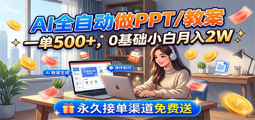 AI全自动做PPT/教案,一单500+,0基础小白月入2W,永久接单渠道免费送-禾谷轻创网