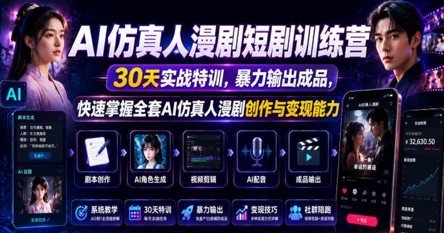 AI仿真人漫剧短剧训练营，30天实战特训，暴力输出成品，快速掌握全套AI仿真人漫剧创作与变现能力-禾谷轻创网