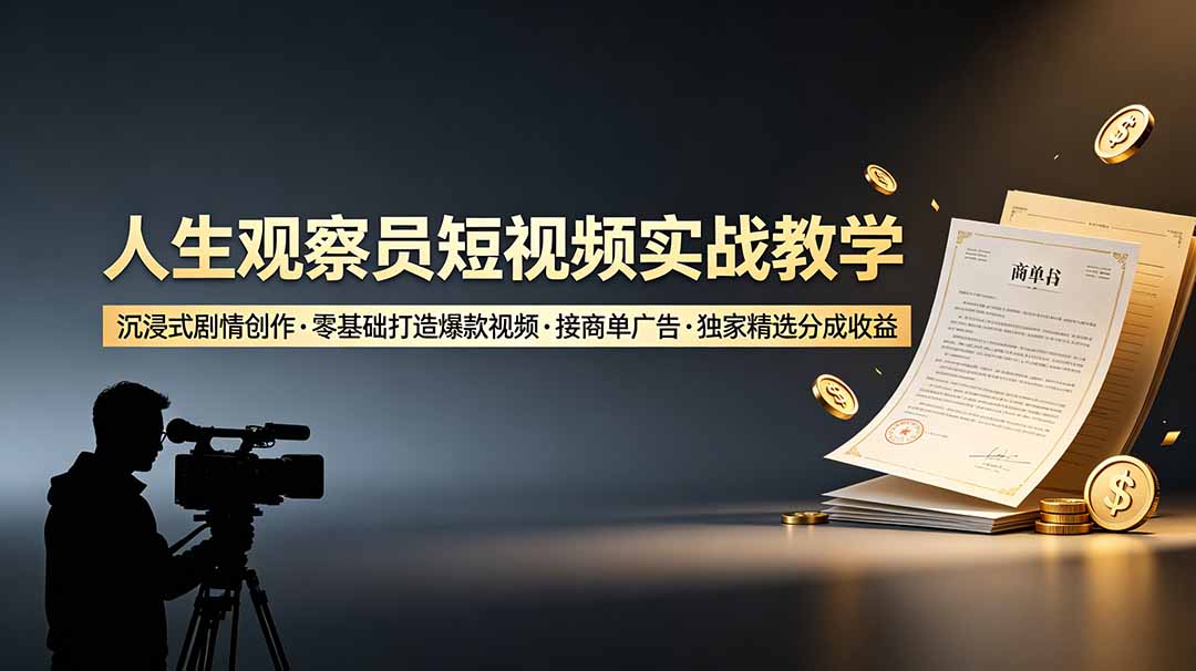 人生观察员短视频实战教学，沉浸式剧情创作，零基础打造爆款视频，接商单广告，独家精选分成收益-禾谷轻创网