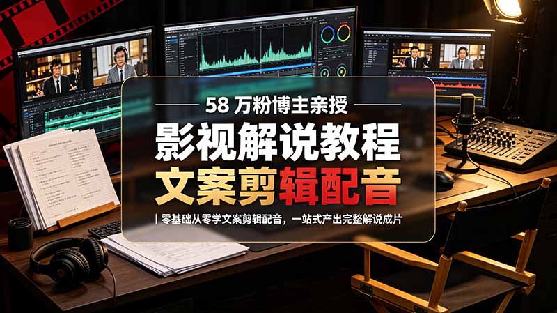 58 万粉博主荧幕春秋亲授影视解说教程｜零基础从零学文案剪辑配音，一站式产出完整解说成片-禾谷轻创网