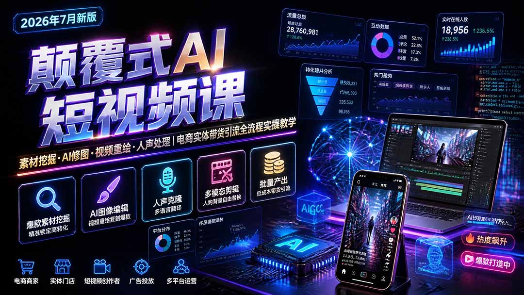 颠覆式AI短视频课｜素材挖掘，AI修图，视频重绘，人声处理｜电商实体带货引流全流程实操教学-禾谷轻创网