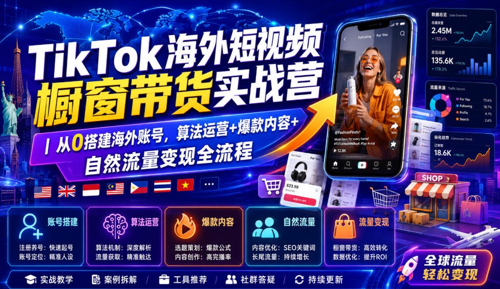 TikTok海外短视频橱窗带货实战营｜从0搭建海外账号，算法运营+爆款内容+自然流量变现全流程-禾谷轻创网