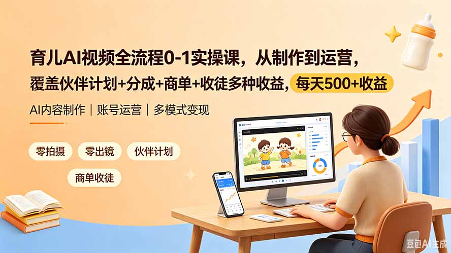育儿AI视频全流程0-1实操课，从制作到运营，覆盖伙伴计划+分成+商单+收徒多种收益，每天500+收益-禾谷轻创网