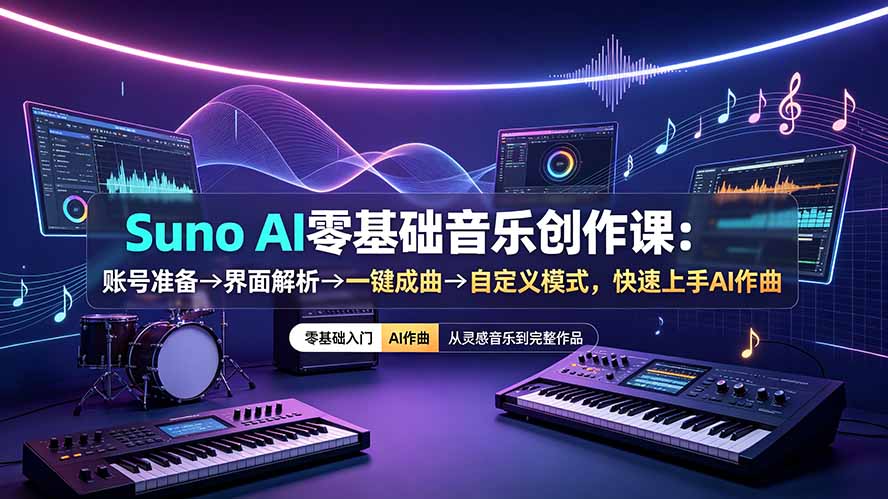Suno AI零基础音乐创作课：账号准备→界面解析→一键成曲→自定义模式，快速上手AI作曲-禾谷轻创网