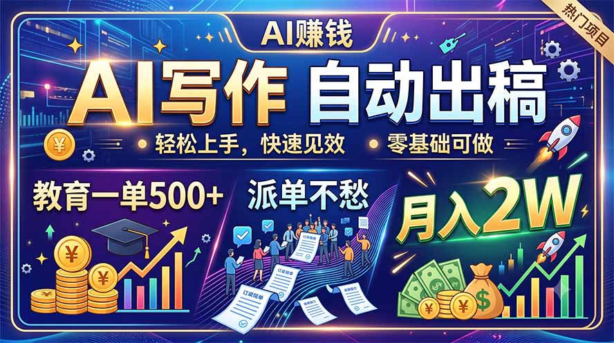 AI写作自动出稿，教育一单500+，派单不愁，月入2W-禾谷轻创网