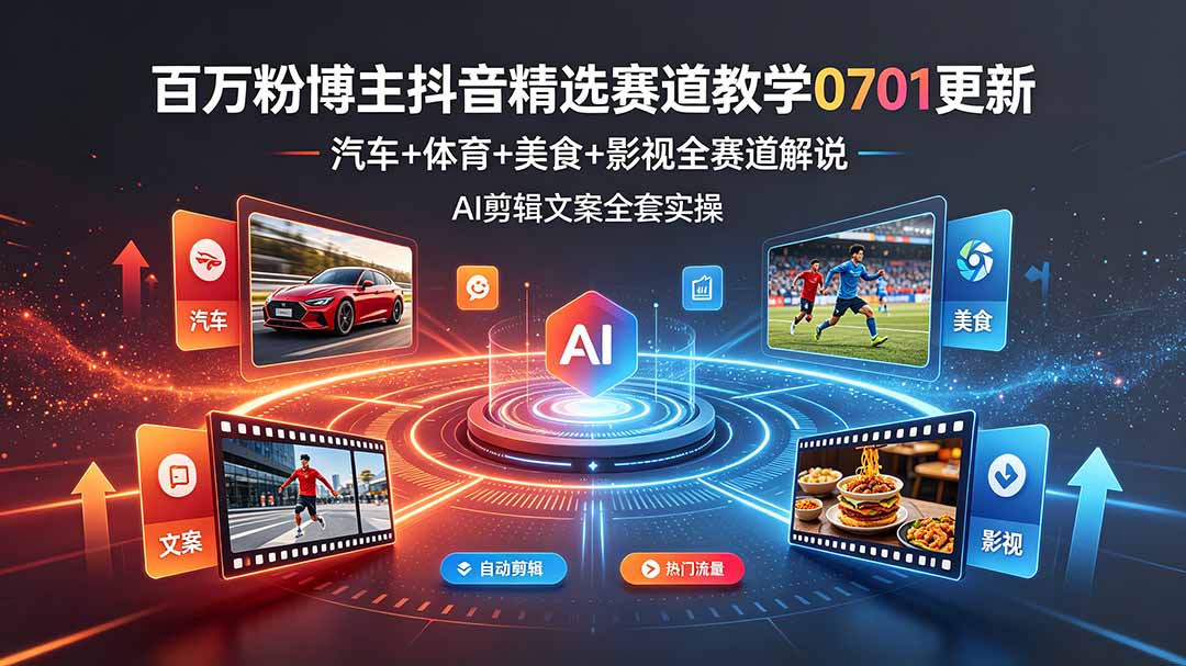 百万粉博主抖音精选赛道教学-0701更新，汽车+体育+美食+影视全赛道解说，AI剪辑文案全套实操-禾谷轻创网