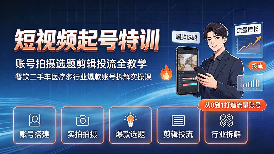 短视频起号特训｜账号拍摄选题剪辑投流全教学，餐饮二手车医疗多行业爆款账号拆解实操课-禾谷轻创网