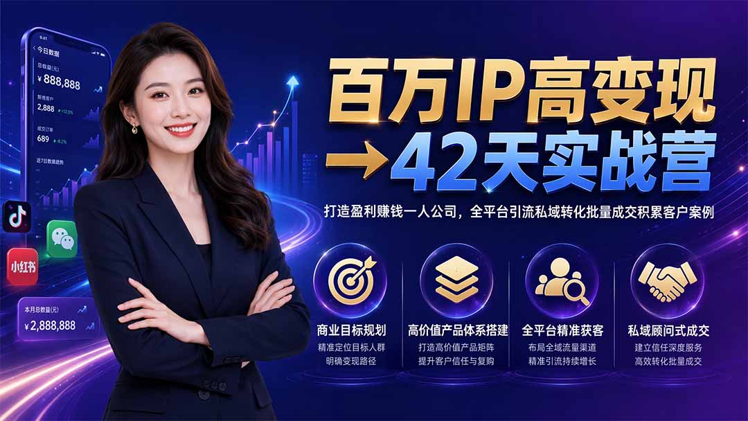 百万IP高变现→42天实战营｜打造盈利赚钱一人公司，全平台引流私域转化批量成交积累客户案例-禾谷轻创网