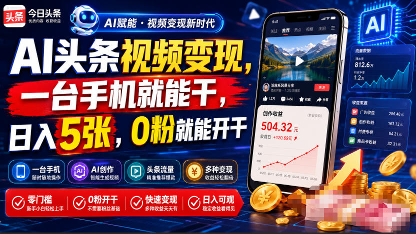AI头条视频变现，一台手机就能干，日入5张，0粉就能开干-禾谷轻创网
