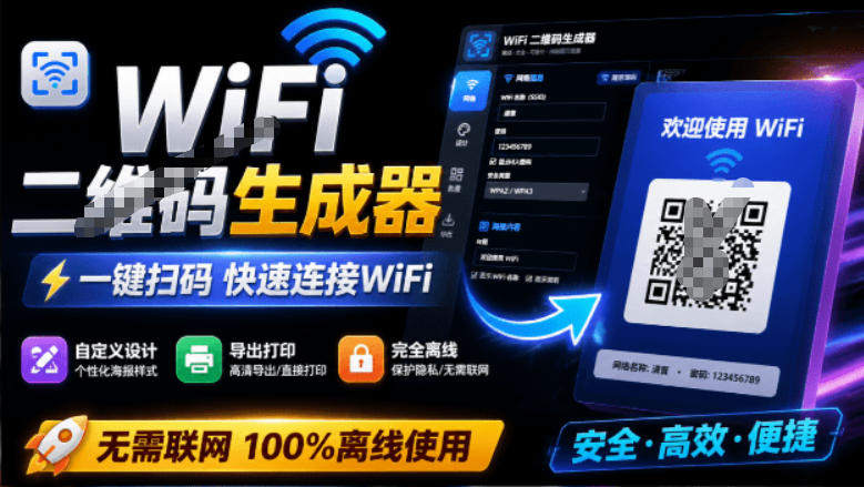 完全离线使用！WiFi二维码生成器，一键扫码快速连接WiFi，支持自定义风格导出WiFi二维码生成器-禾谷轻创网