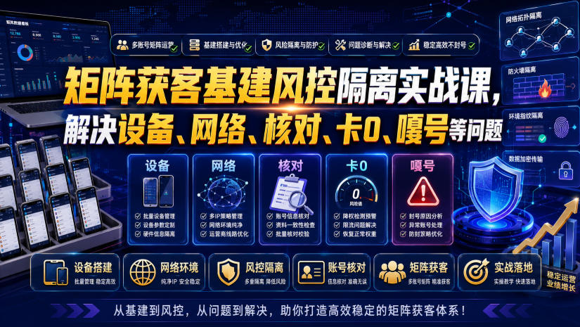 矩阵获客基建风控隔离实战课，解决设备、网络、核对、卡0、嘎号等问题-禾谷轻创网