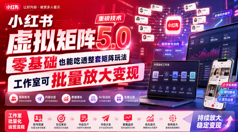 小红书虚拟矩阵5.0重磅技术，零基础也能吃透整套矩阵玩法，工作室可批量放大变现-禾谷轻创网