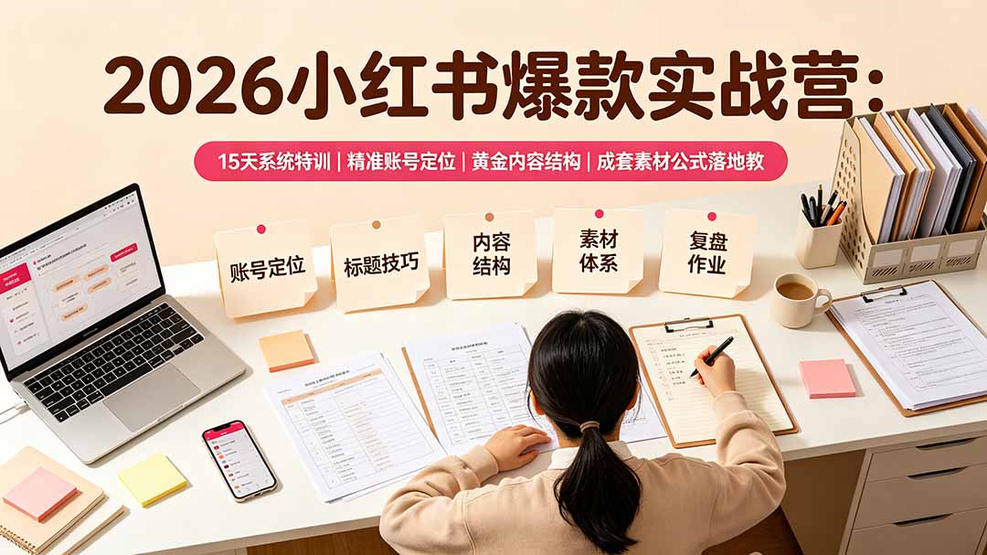 2026小红书爆款实战营：15天系统特训｜精准账号定位｜黄金内容结构｜成套素材公式落地教程-禾谷轻创网