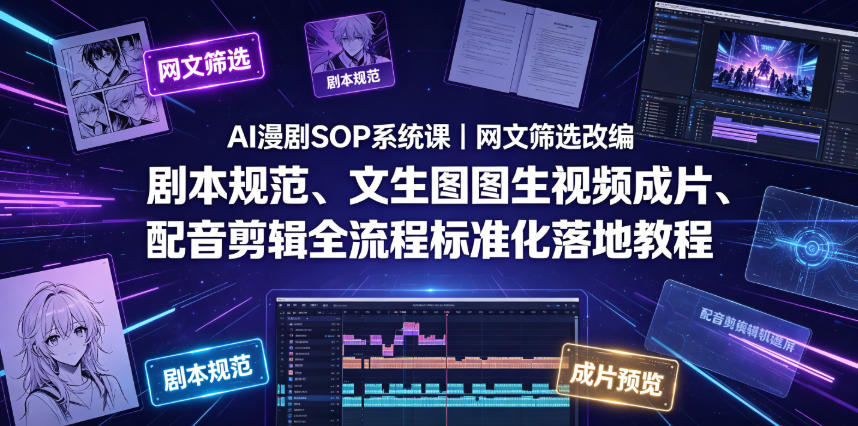 AI漫剧SOP系统课｜网文筛选改编、剧本规范、文生图图生视频成片、配音剪辑全流程标准化落地教程-禾谷轻创网