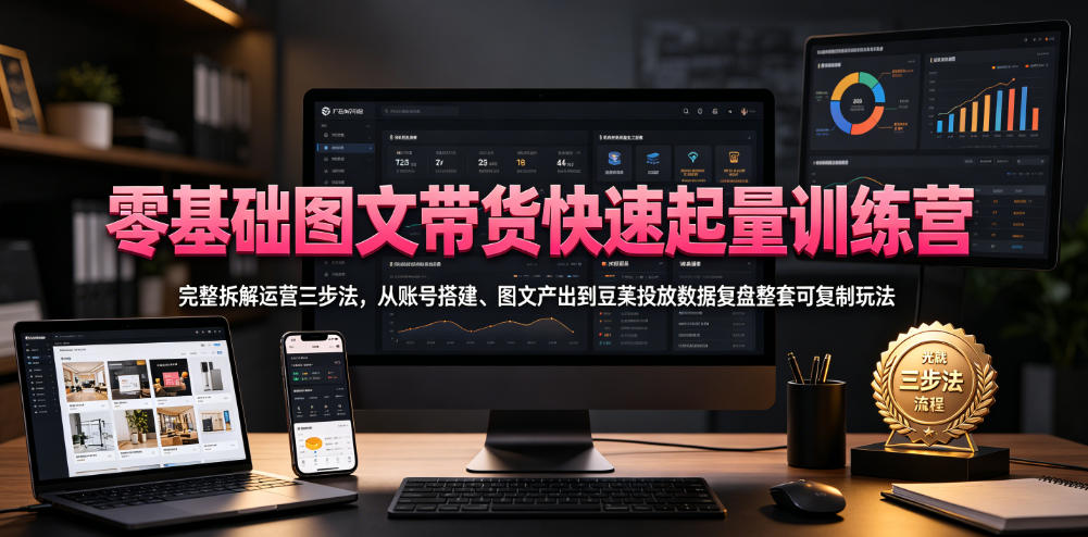 零基础图文带货快速起量训练营，完整拆解运营三步法，从账号搭建、图文产出到豆荚投放数据复盘整套可复制玩法-禾谷轻创网
