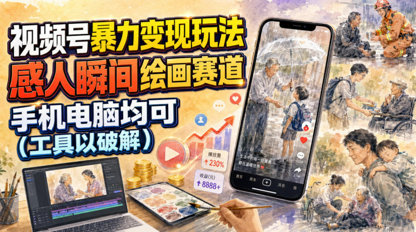 视频号暴力变现玩法，感人瞬间绘画赛道，手机电脑均可-禾谷轻创网