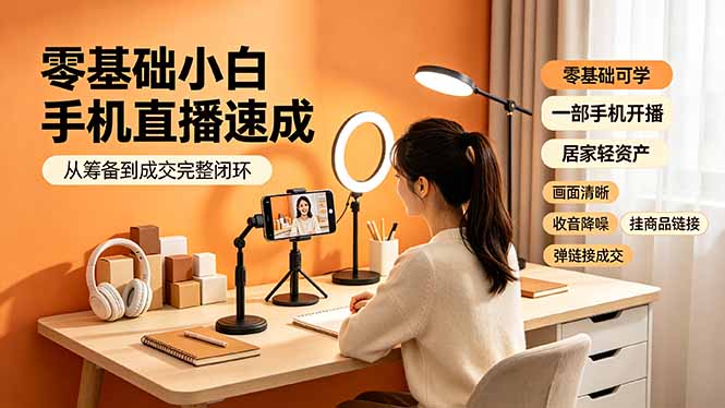 零基础小白手机直播速成，从筹备到成交完整闭环，适配苹果安卓系统，解决杂音卡顿留人难问题-禾谷轻创网