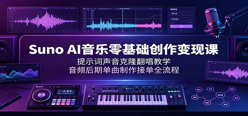 Suno AI音乐零基础创作变现课：提示词声音克隆翻唱教学，音频后期单曲制作接单全流程-禾谷轻创网