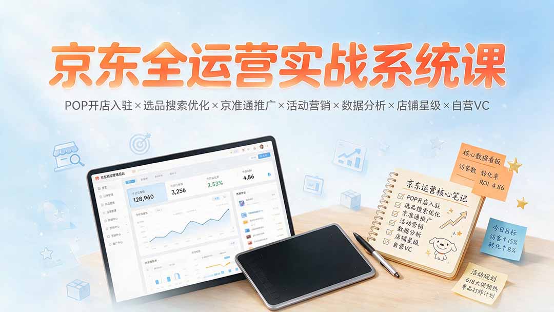 京东全运营实战系统课：POP开店入驻×选品搜索优化×京准通推广×活动营销×数据分析×店铺星级×自营VC-禾谷轻创网
