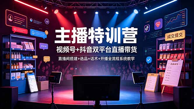 主播特训营：视频号+抖音双平台直播带货，直播间搭建+选品+话术+开播全流程系统教学-禾谷轻创网