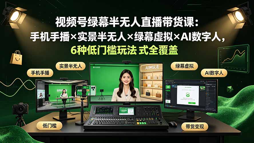 视频号绿幕半无人直播带货课：手机手播×实景半无人×绿幕虚拟×AI数字人，6种低门槛玩法全覆盖-禾谷轻创网