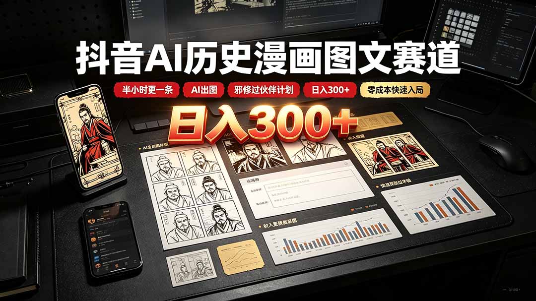 抖音AI历史漫画图文赛道：半小时更一条×AI出图×邪修过伙伴计划×日入300+，零成本快速入局-禾谷轻创网