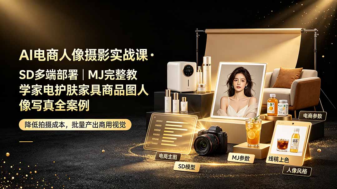 AI电商人像摄影实战课·SD多端部署｜MJ完整教学｜家电护肤家具商品图人像写真全案例-禾谷轻创网