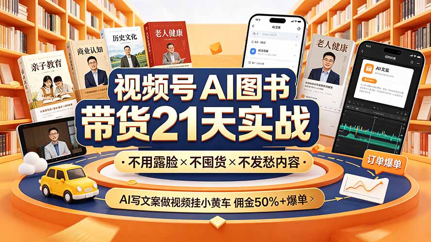 视频号AI图书带货21天实战：不用露脸×不囤货×不发愁内容，AI写文案做视频挂小黄车，佣金50%+爆单-禾谷轻创网
