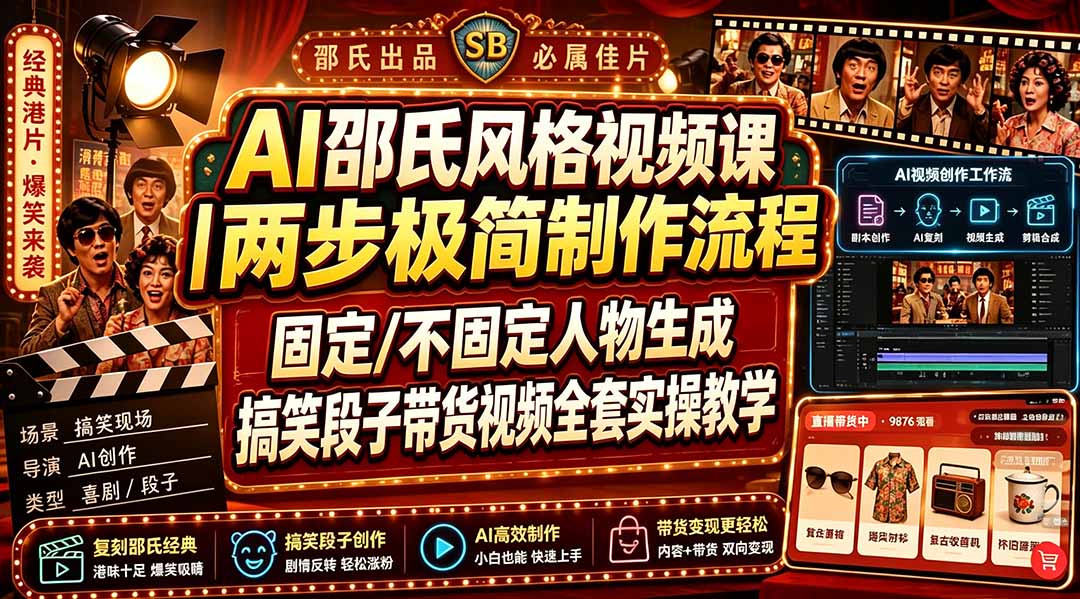 AI邵氏风格视频课｜两步极简制作流程，固定/不固定人物生成，搞笑段子带货视频全套实操教学-禾谷轻创网